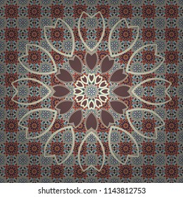Decorative colorful seamless pattern, geometric pattern in brown, gray and blue colors. Vector tribal ethnic ornament. Bandanna shawl, tablecloth fabric print, silk neck scarf, kerchief design.