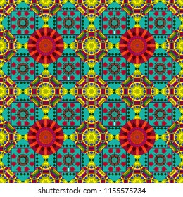 Decorative colorful seamless pattern, geometric pattern in orange, blue and red colors. Vector tribal ethnic ornament. Bandanna shawl, tablecloth fabric print, silk neck scarf, kerchief design.