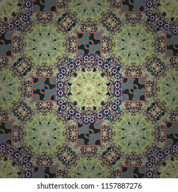 Decorative colorful seamless pattern, geometric pattern in green, beige and gray colors. Vector tribal ethnic ornament. Bandanna shawl, tablecloth fabric print, silk neck scarf, kerchief design.
