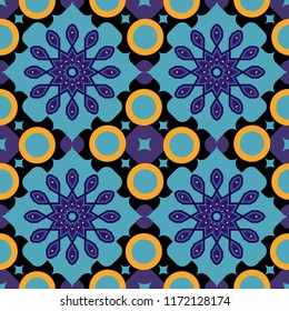 Decorative colorful seamless pattern, geometric pattern in gray, blue and brown colors. Vector tribal ethnic ornament. Bandanna shawl, tablecloth fabric print, silk neck scarf, kerchief design.