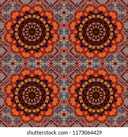 Decorative colorful seamless pattern, geometric pattern in black, orange and red colors. Vector tribal ethnic ornament. Bandanna shawl, tablecloth fabric print, silk neck scarf, kerchief design.
