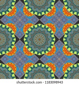 Decorative colorful seamless pattern, geometric pattern in blue, green and gray colors. Vector tribal ethnic ornament. Bandanna shawl, tablecloth fabric print, silk neck scarf, kerchief design.