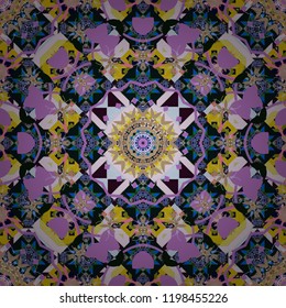 Decorative colorful seamless pattern, geometric pattern in purple, black and violet colors. Vector tribal ethnic ornament. Bandanna shawl, tablecloth fabric print, silk neck scarf, kerchief design.