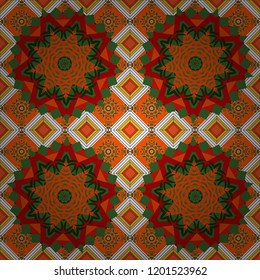 Decorative colorful seamless pattern, geometric pattern in green, red and orange colors. Vector tribal ethnic ornament. Bandanna shawl, tablecloth fabric print, silk neck scarf, kerchief design.