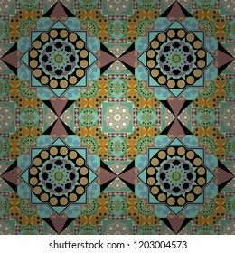 Decorative colorful seamless pattern, geometric pattern in beige, yellow and blue colors. Vector tribal ethnic ornament. Bandanna shawl, tablecloth fabric print, silk neck scarf, kerchief design.