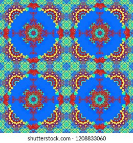Decorative colorful seamless pattern, geometric pattern in red, green and blue colors. Vector tribal ethnic ornament. Bandanna shawl, tablecloth fabric print, silk neck scarf, kerchief design.
