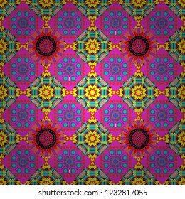 Decorative colorful seamless pattern, geometric pattern in blue, yellow and magenta colors. Vector tribal ethnic ornament. Bandanna shawl, tablecloth fabric print, silk neck scarf, kerchief design.