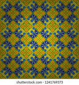 Decorative colorful seamless pattern, geometric pattern in green, yellow and blue colors. Vector tribal ethnic ornament. Bandanna shawl, tablecloth fabric print, silk neck scarf, kerchief design.