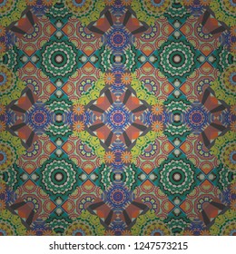Decorative colorful seamless pattern, geometric pattern in green, blue and yellow colors. Bandanna shawl, tablecloth fabric print, silk neck scarf, kerchief design. Vector tribal ethnic ornament.