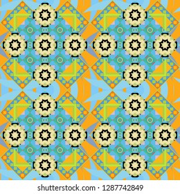 Decorative colorful seamless pattern, geometric pattern in blue, yellow and green colors. Bandanna shawl, tablecloth fabric print, silk neck scarf, kerchief design. Vector tribal ethnic ornament.