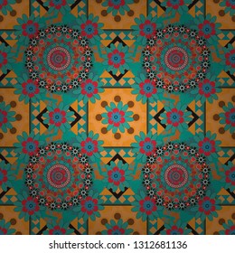 Decorative colorful seamless pattern, geometric pattern in brown, green and blue colors. Vector tribal ethnic ornament. Bandanna shawl, tablecloth fabric print, silk neck scarf, kerchief design.
