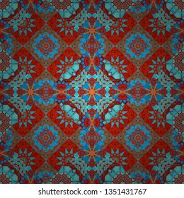 Decorative colorful seamless pattern, geometric pattern in blue, red and orange colors. Vector tribal ethnic ornament. Bandanna shawl, tablecloth fabric print, silk neck scarf, kerchief design.