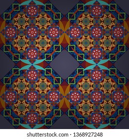 Decorative colorful seamless pattern, geometric pattern in red, black and blue colors. Vector tribal ethnic ornament. Bandanna shawl, tablecloth fabric print, silk neck scarf, kerchief design.