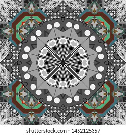 Decorative colorful seamless pattern, geometric pattern in green, gray and brown colors. Vector tribal ethnic ornament. Bandanna shawl, tablecloth fabric print, silk neck scarf, kerchief design.