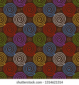 Decorative colorful seamless pattern with hand drawn swirl spirals. Elegant pattern for fashion, interior design, fabric and textile. Seamless vector pattern with spirals.