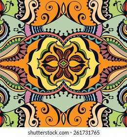 Decorative colorful seamless pattern. Hand drawn ethnic tribal ornament. Vector geometric background