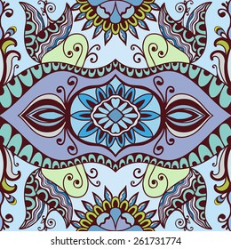 Decorative colorful seamless pattern. Hand drawn ethnic tribal ornament. Vector geometric background