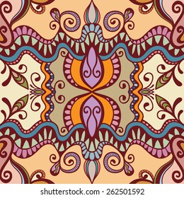 Decorative colorful seamless pattern. Hand drawn ethnic tribal ornament. Vector geometric background
