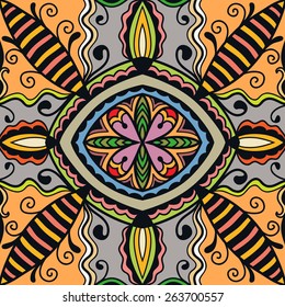 Decorative colorful seamless pattern. Hand drawn ethnic tribal ornament. Vector geometric background
