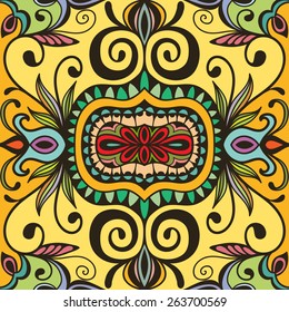 Decorative colorful seamless pattern. Hand drawn ethnic tribal ornament. Vector geometric background