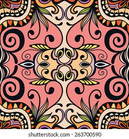 Decorative colorful seamless pattern. Hand drawn ethnic tribal ornament. Vector geometric background