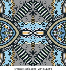 Decorative colorful seamless pattern. Hand drawn ethnic tribal ornament. Vector geometric background