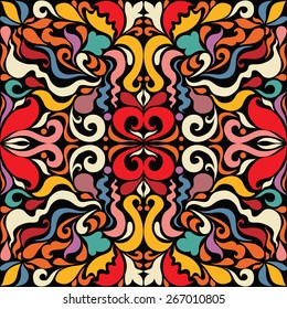 Decorative colorful seamless pattern. Hand drawn ethnic tribal ornament. Vector floral and geometric background