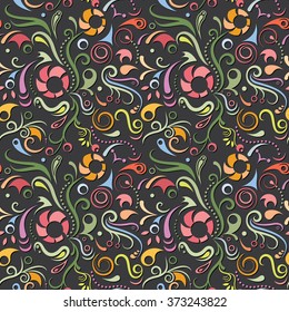 Decorative colorful seamless pattern on dark background with abstract floral ornament