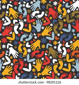 Decorative colorful seamless pattern with palm, hearts and flowers