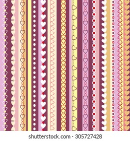 Decorative colorful seamless pattern with  vertical stripes and hearts. Vector dackground