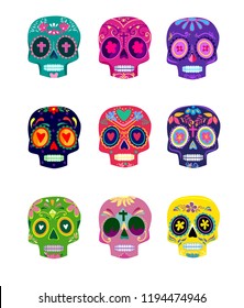 Decorative Colorful Skulls set day of the dead vector illustration. Mexican Dia de los Muertos. 