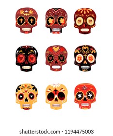 Decorative Colorful Skulls set day of the dead vector illustration. Mexican Dia de los Muertos. 