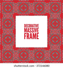 Decorative colorful square frame with lace ornament. Oriental style. Card template with place for logo and text. Vintage vector , red on black