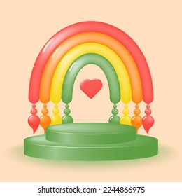 Decorative colorful stage, podium 3d with a cute rainbow for advertising goods for children. Product promotion concept in studio. Vector illustration.