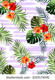 Decorative colorful stripe palm pattern. Tropical palm leaves, hibiscus, jungle leaves seamless vector floral pattern, trendy hipster abstract background.
