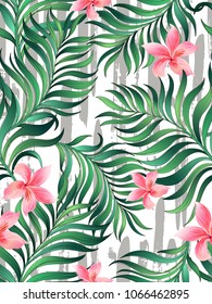 Decorative colorful stripe palm pattern. Tropical palm leaves, hibiscus, jungle leaves seamless vector floral pattern, trendy hipster abstract background.