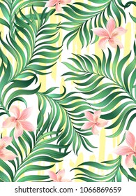 	
Decorative colorful stripe palm pattern. Tropical palm leaves, lily, jungle leaves seamless vector floral pattern, trendy hipster abstract background.