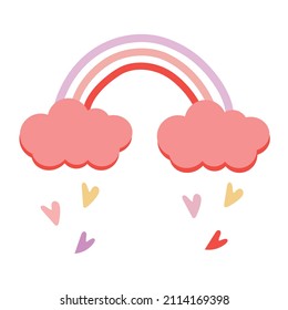 Decorative colorful stripy rainbow with cartoon falling  hearts. Scandinavian style childish boho illustration isolated on white in vector. Nursery poster print design. Clouds
