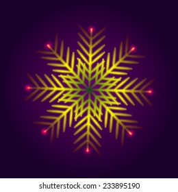 Decorative colorful stylized snowflake, vector element for design. Shiny star on dark background. Fantastic winter design element.