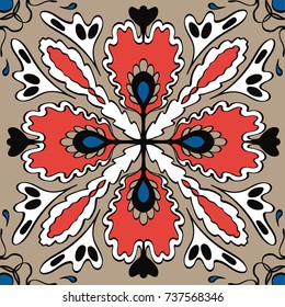 Decorative colorful tile pattern design. Red, blue and black on a brown background