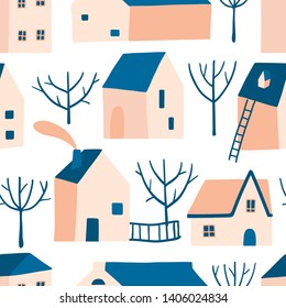 Decorative colorful town seamless pattern. Doodle houses and trees. Stylized city texture. Street. Cottages. City landscape. Flat style buildings. Children's art background. Bright colors architecture