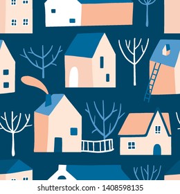 Decorative colorful town seamless pattern. Doodle houses and trees on navy blue. Stylized city texture. Street. Cottages. City landscape. Flat style buildings. Children's art background. Architecture