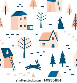 Decorative colorful town seamless pattern. Doodle houses, trees and hare. Cute stylized city texture. Street. City landscape. Flat style cottages and forest for kids fabric, textile, nursery wallpaper