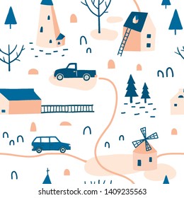 Decorative colorful town seamless pattern. Doodle houses, mills, cars and trees. Cute stylized city texture. Street. City landscape. Flat style cottages for kids fabric, textile, nursery wallpaper