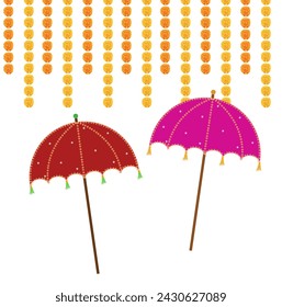 Decorative colorful umbrella vector design for Haldi setup decor, indian wedding decoration, mehendi ceremony invite, sangeet night, ring ceremony, reception with marigold toran floral vector hanging 