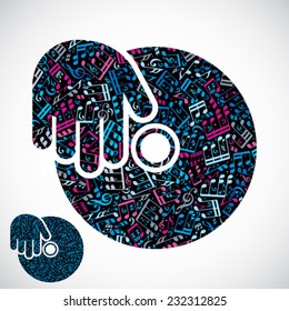 Decorative colorful vector disco plate symbol filled with musical notes, isolated on white background.