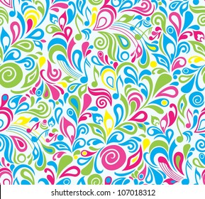 Decorative colorful vector musical seamless background with notes and leaves