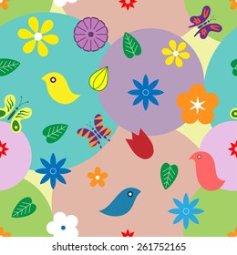 Decorative colorful vector pattern with flowers, birds and butterflies.