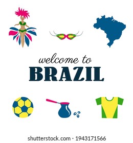 Decorative colorful vector set Brazilian symbol ball, map, coffee, carnival, t-shirt isolated on white backdrop, cartoon travel illustration for design poster, infographic sign, sightseeing collection