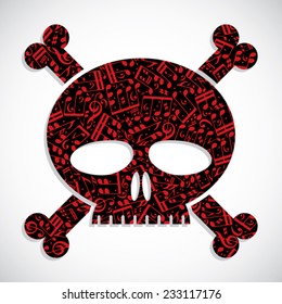Decorative colorful vector skull filled with musical notes, keep out symbol.